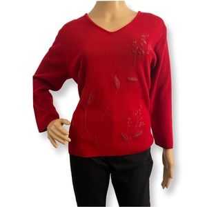 Red Evan Picone Red Sweater With Floral Embroidery, Large